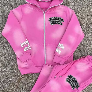 Top moda Unisex Sun Faded Wash cubierta de cara completa Zip up Puff impreso Sudadera con capucha Flare Bottom pantalones algodón Vintage chándales - Product Image 2