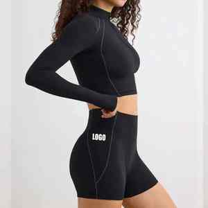 Wholesale Women's Quick-Dry Fitness Set Breathable 1/4 Zip <b>Crop</b> Top & High-Impact Shorts - Product Image 3