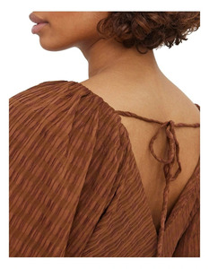 Vestido MIDI de cintura natural ODM marrón para mujer, cuello en V, puños elásticos, silueta de línea A transpirable ecológica - Product Image 2
