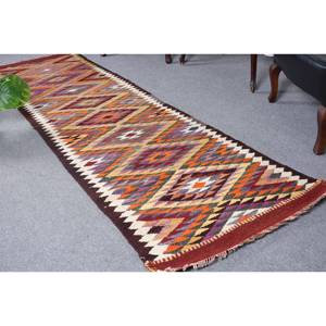 Alfombra de lana Kilim turca Vintage de 28x98 pies, tejido plano rectangular Beige con patrón de retazos, respaldo de yute para decoración de habitación de pasillo - Product Image 1