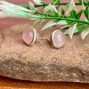 Handmade <b>Sterling</b> <b>Silver</b> <b>Stud</b> <b>Earrings</b> with Natural Rose Quartz Gemstones Round Cabochon Design - Product Image 5