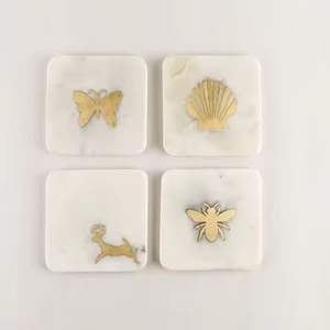 <b>White</b> Marble and Wood Brass Inlay <b>Coaster</b> Set Home Custom Size Luxury Marble Stone& Metal Inlay for Tea - Product Image 5
