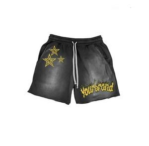 Short en polaire délavé vintage à impression bouffante 3D personnalisé motif solide short de sueur d'été bord coupé patch de détresse lavé à l'acide - Product Image 3