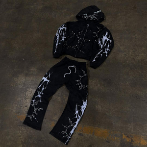 Pantalones de chándal acampanados lavado con ácido de diamantes de imitación fijación en caliente transpirable serigrafiado estilo callejero con logotipo personalizado chándal con cremallera estampado - Product Image 1