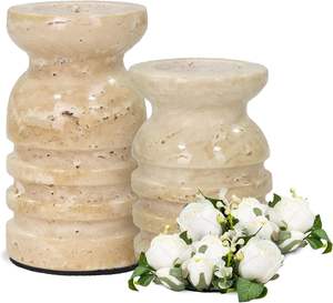 Elegante portavelas de mármol travertino redondo Diseño clásico de calidad premium Perfecto para la decoración del hogar de mármol blanco marrón natural - Product Image 1