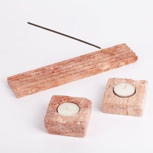 Ensemble de trois bougeoirs à thé en marbre rond poli vintage, centre de table moderne et organique, pierre artistique - Product Image 5