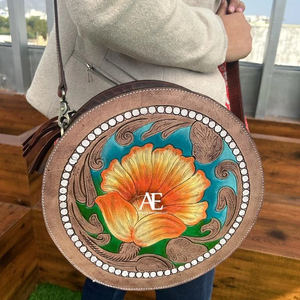 กระเป๋าโรงอาหารหนังเครื่องมือสำหรับผู้หญิงกระเป๋าคาดลำตัวทรงกลมพิมพ์ลายดอกไม้สไตล์วินเทจใหม่สไตล์ตะวันตก - Product Image 1