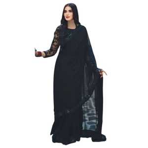 Vestido Sari Largo de Georgette de Seda con Logotipo Personalizado Bordado para Mujer, para Bodas y Fiestas, Color Personalizado - Product Image 1