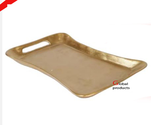 Plateau de service fini en métal argenté brillant avec poignée en feuille d'or pour restaurant et bar d'hôtel - Product Image 2