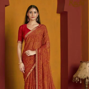 Venta al por mayor impreso elegante gasa Saree con borde adjunto colección para uso casual y ocasional - Product Image 1