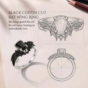 Anillo Jeulia gótico negro con diseño de alas de murciélago y corte de ataúd - Product Image 3