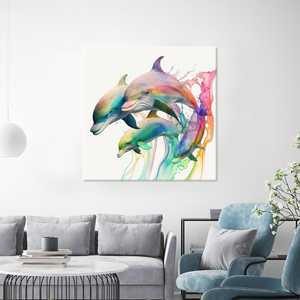 Toile d'art colorée et vibrante avec motif de dauphin : Impression moderne sur verre trempé pour décoration murale, toile enveloppée - Product Image 1