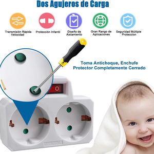 Adaptateur 2 prises Schuko avec interrupteur, double prise frontale avec interrupteur 2 x 16A avec protection pour enfants, MAX 3680W - Product Image 5