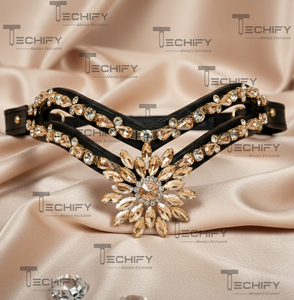 Bride de luxe en cuir noir faite à la main avec bandeau de tête de cheval en cristal double rangée, centre de table en fleurs or champagne, accessoire de bride en forme de V - Product Image 3