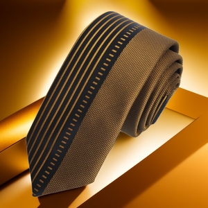 Exve Exclusiva Corbata de Moda Delgada de Corte de Panel Personalizado a Rayas en Negro y Cobre Hecha en Turquía - Product Image 1