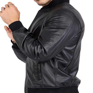 แจ็คเก็ต BOMBER หนังแท้สีดำสำหรับผู้ชายแบบปกติ - Product Image 5