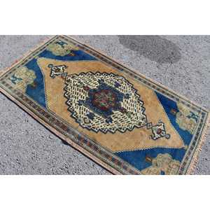 Tapis turc vintage à accents décoratifs 3,2x5,9 pieds, tapis en laine bleu marron à motifs floraux - Product Image 4