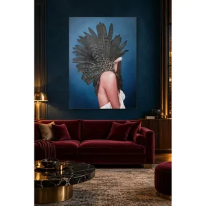 Fida Woman recouverte de plumes noires sur fond bleu, impression sur toile - Product Image 3