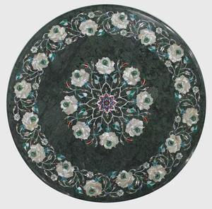 Table basse ronde en marbre vert avec incrustation, art floral artisanal avec pierre de nacre, décoration de meubles sur mesure - Product Image 3