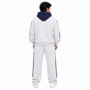 Oversized Color block <b>Zip</b> <b>Hooded</b> Sweatshirts Tracksuit Heavyweight Drop Shoulder Wide leg Joggers and Crop Hoodies set Wholesale - Product Image 3
