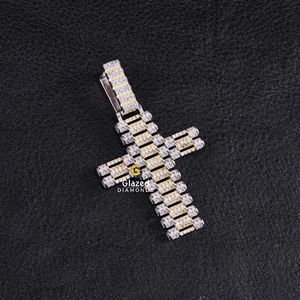 925 <b>Sterling</b> <b>Silver</b> <b>Cross</b> <b>Pendant</b> with round and Baguette Cut VVS Clarity Lab Grown Diamonds Stylish Hip Hop Design for Parties - Product Image 1