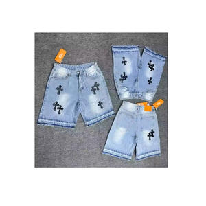 กางเกงขาสั้นผ้ายีนส์สีดำของผู้ชายแบบสั่งทำกางเกงเดินตะเข็บแนวสตรีทมีสไตล์ย้อนยุคมีกระดุมตรงเอวฤดูร้อน - Product Image 3