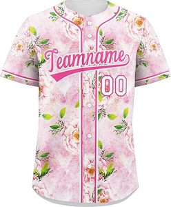 Maillot de baseball rose à motifs floraux, chemise de softball à boutons, uniforme sportif personnalisé avec nom et numéro d'équipe, manches courtes, 100% polyester Lamatex - Product Image 1