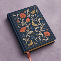 Carnet vierge A5 personnalisé LABON, couverture rigide en papier bleu marine, bords dorés, motif floral coquelicot Art Nouveau, papillons, bordure dorée, ruban