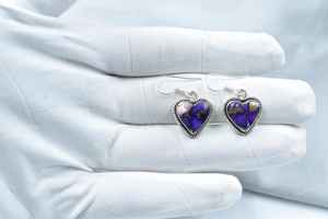 Boucles d'oreilles pendantes en forme de cœur en argent sterling avec pierre précieuse naturelle turquoise et dahlia violet faites à la main, unisexes, pour mariages, fêtes, cadeaux, occasions spéciales - Product Image 2