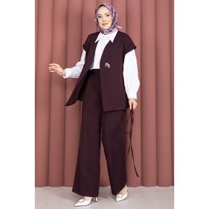 Conjunto Casual de Otoño y Verano, Chaleco con Botones Dorados y Cinturón, Pantalones de Crepé Color Ciruela, Corte Ajustado, Top Corto y Pantalones Cortos - Product Image 3