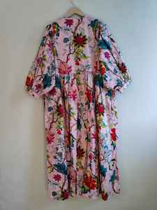 Robe longue décontractée d'été à manches longues et col en V, imprimé floral en coton rose Guleen - Product Image 6