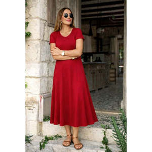 Robe mi-longue en viscose à manches courtes et col en V pour femme, 33256 - Rouge - Product Image 1