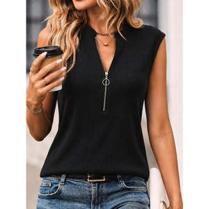 Women'<b>s</b> Short-Sleeved Mandarin Collar Front Zippered Crepe <b>Blouse</b>, 36609 - Black - Product Image 2