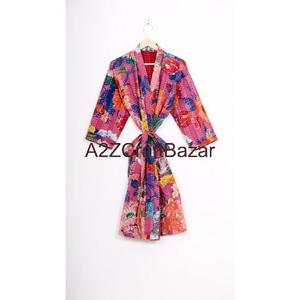 Handmade Vintage Luxury Floral Printed 100% Cotton V-Neck Drawstring Closure Short Sleeve <b>Robe</b> for <b>Women</b> Soft Breathable - Product Image 5