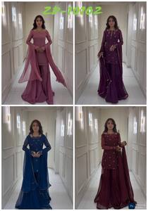 Nouvel ensemble Kurti-Sarara moderne de créateur en faux soie Georgette brodée à séchage rapide avec col à sequins, comprenant un haut, un pantalon palazzo et un dupatta, motif renard, pour soirée - Product Image 6