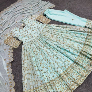 Georgette-vestido de diseñador de imitación, con bordado pesado y trabajo de secuencia con mangas, incluye pantalón, bonito Dupatta - Product Image 1