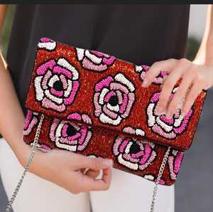 2024 Offres Spéciales rouge Rose rose noir fleur graine perlée pochette chaîne sac à bandoulière Boho sac à main - Product Image 5