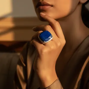 Women's 925 Silver <b>Lapis</b> <b>Lazuli</b> <b>Ring</b> Classic Style Statement Gemstone Jewelry Gold Plating Rectangle Shape Rough Pattern Art - Product Image 1