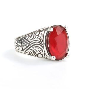 Bague classique pour homme en argent sterling 925, pierre rouge ovale avec motif gravé, technologie d'incrustation de haute qualité, cadeau - Product Image 1