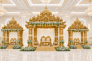 Magnifique structure de mandap de mariage de style maharaja en cristal doré, mandap de mariage luxueux en bois doré avec draperies rouges et décorations florales - Product Image 3