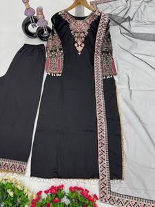 Elegante tela de seda negra bordado secuencia trabajo indio pakistaní mujeres Salwar Kameez con Dupatta para fiestas - Product Image 4