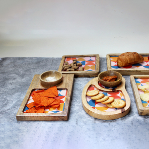 Handcrafted Modern Wooden Snack Serving Tray Set Geometric Print Base with <b>Sauce</b> Bowl Platter for Wedding Diwali Table - Product Image 1