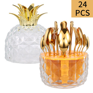 Juego de cubiertos de acero inoxidable de 24 piezas con diseño de piña creativa, cuchillo, tenedor y cuchara, color dorado, para mesa, transfronterizo - Product Image 3