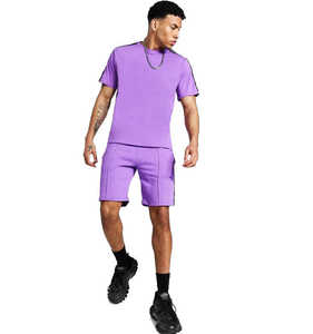 T-shirt col rond violet épaules tombantes correspondant 2 pièces t-shirt et short ensemble hommes survêtement survêtement chemise short ensemble pour l'été - Product Image 2