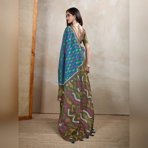 Sari indien prêt-à-porter pour femmes, bleu sarcelle olive, en tissu chanderi, best-seller, pour les fêtes, avec pièce de blouse non cousue - Product Image 5