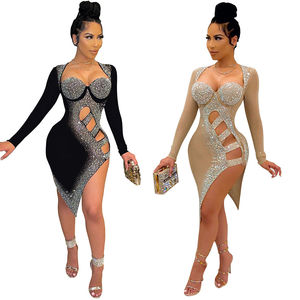 Vestido Mini Sexy de Manga Larga con Diamantes para Mujer, Vestido Ajustado con Bordado de Cuentas, Cintura Natural, Material de PU Metálico Simple - Product Image 1