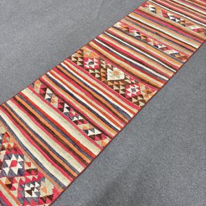 2.6x9.7 ft Turkish Rug, Vintage <b>Runner</b> Rug, <b>Red</b> Blue Ikat Rug - Product Image 2