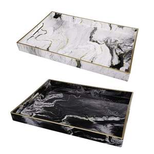 High Quality Serving <b>Trays</b> Wooden Marble Pattern Coffee Table Organizer Food Home Hotel Kitchen Restaurant Handle Gold Black - Product Image 1