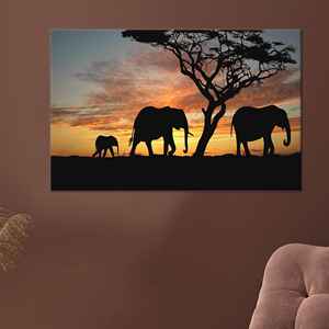 Impresión en lienzo con silueta de elefante: escena de puesta de sol africana, estirado sobre lienzo - Product Image 1