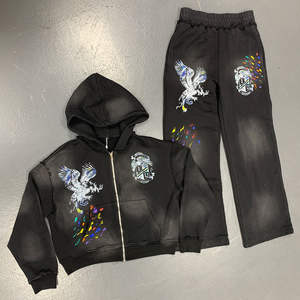 Sudaderas con capucha con cremallera lavadas con ácido Vintage personalizadas para hombre, impresión gráfica DTG, decoración de gemas, Sudadera con capucha de algodón 100% de peso pesado - Product Image 6